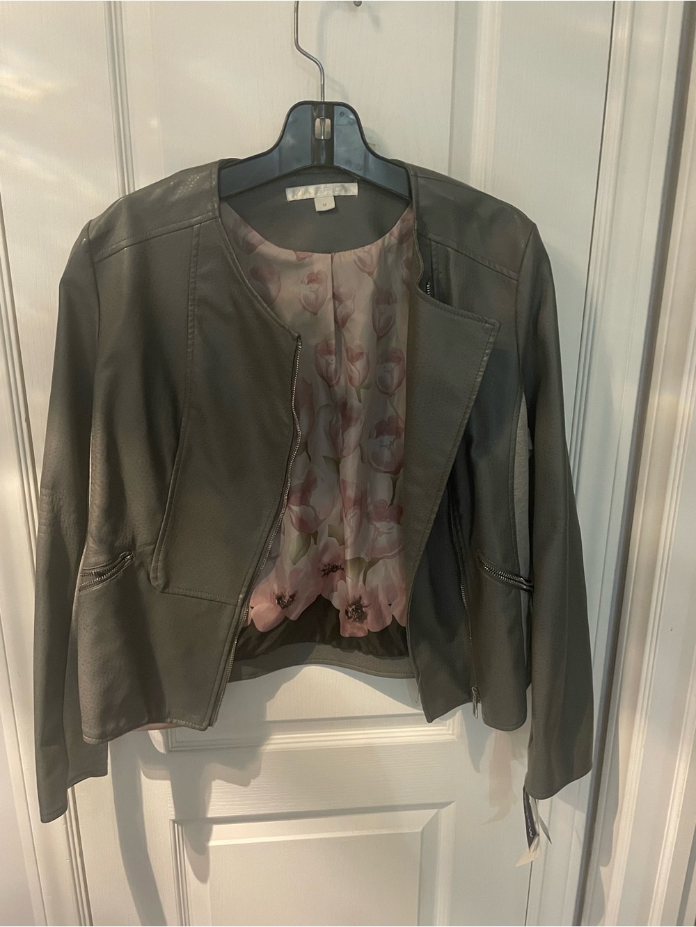 Women’s Faux Leather Jacket in Grey with Floral Lining